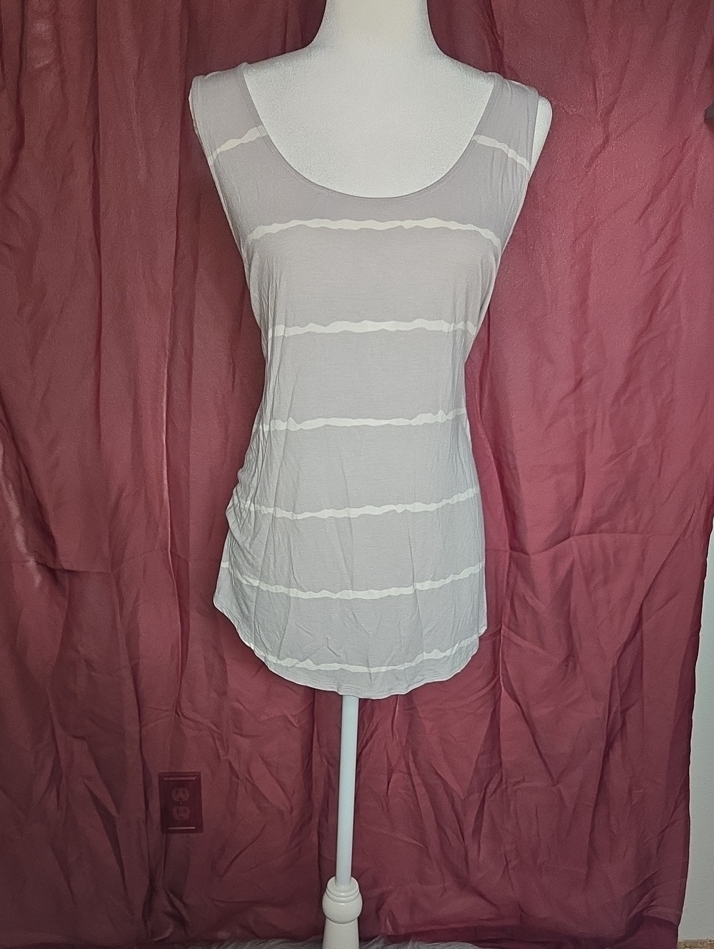 Zenana Outfitters Gray and White Striped Scoop Neck Tank